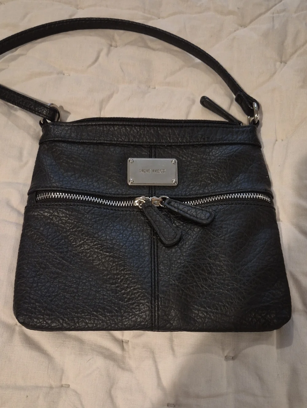 Nine West Black Textured Crossbody Bag with Front Zip